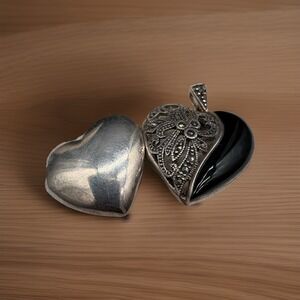 Sterling Silver 925 Marcasite Heart Locket Pendant Black Onyx 23x25mm 8.76 Grams
